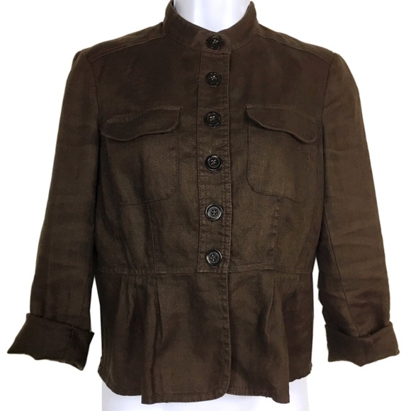 Chocolate Brown Linen Jacket with Mandarin Collar - Picture 1 of 8